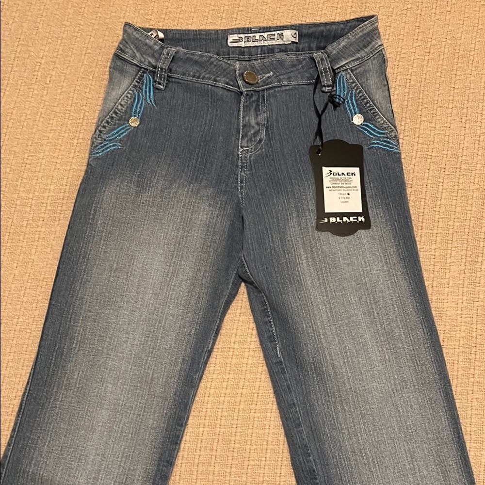 Black Blue Denim Jeans with Embroidery